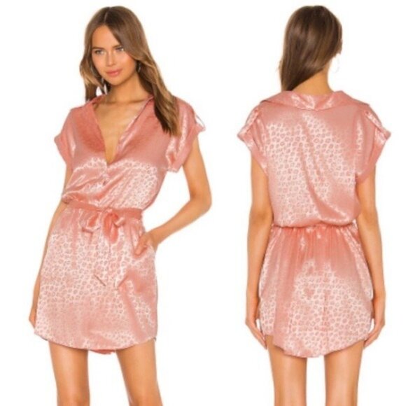 Joie Daran Shirt Mini Dress Island Sunset Pink Leopard Satin Size Small - Picture 1 of 11